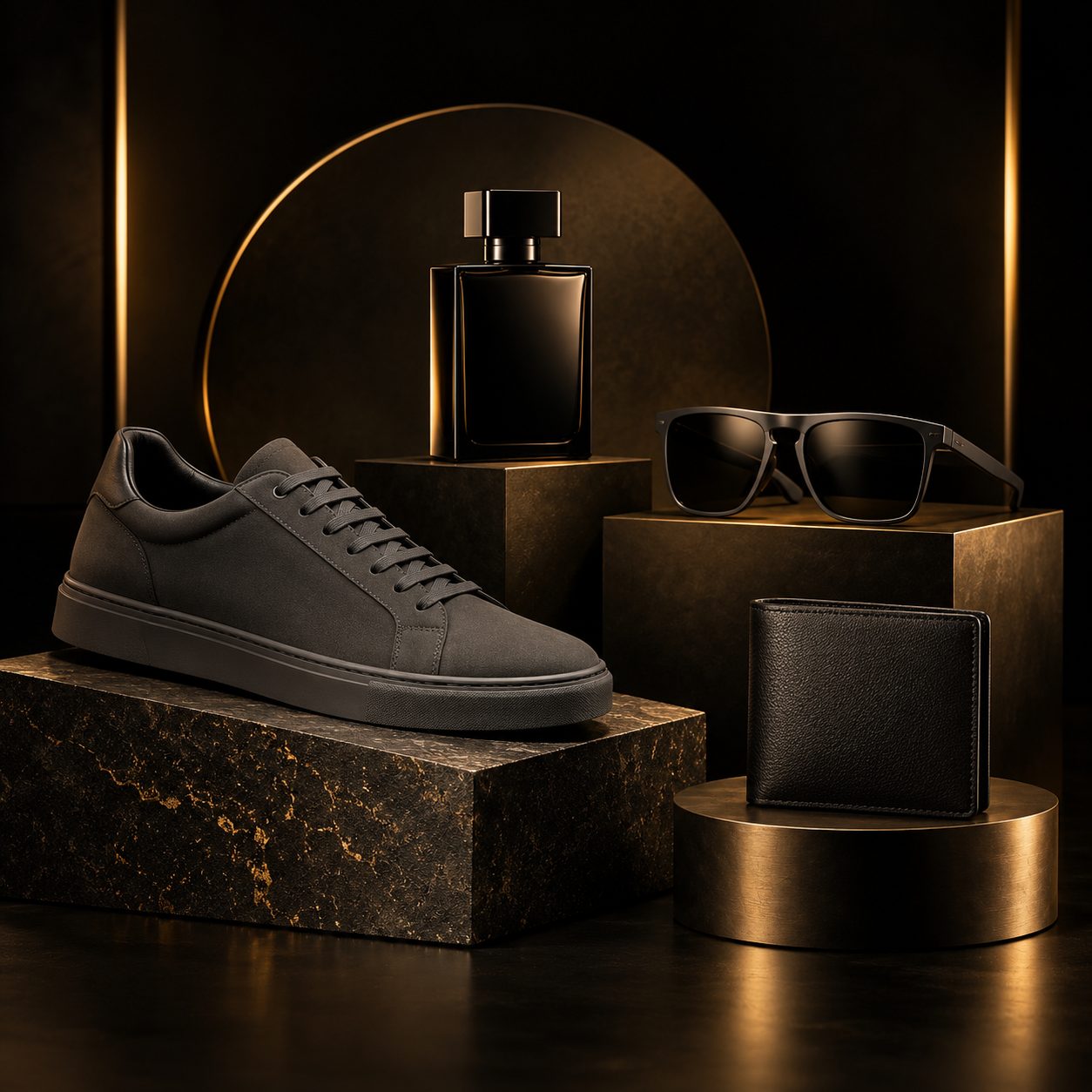 Seleção masculina premium com tênis, perfume, óculos e carteira